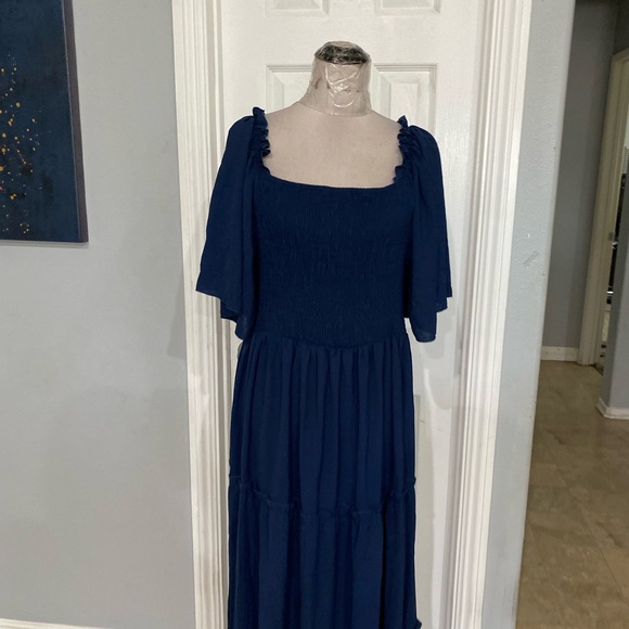 New Women 3XL blue maxi dress featuring ruffled flutter sleeves,tiered skirt - Picture 5 of 7